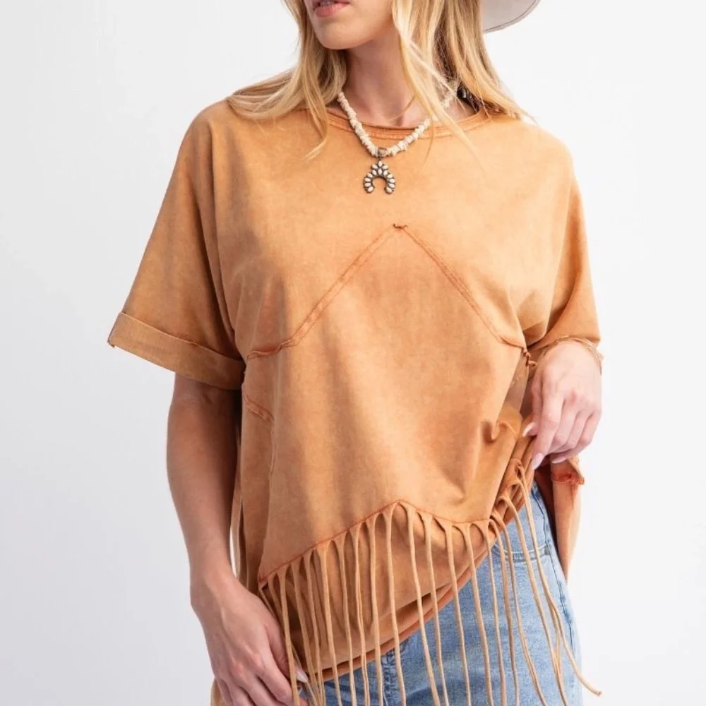 New Easel Star Fringed Cotton Tee Pullover Mineral Wash Cotton Shirt Top PUMKIN - Picture 3 of 8